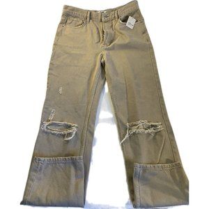 Free People The Lasso Jeans Women's Size 29 Khaki Denim Distressed Straight Leg